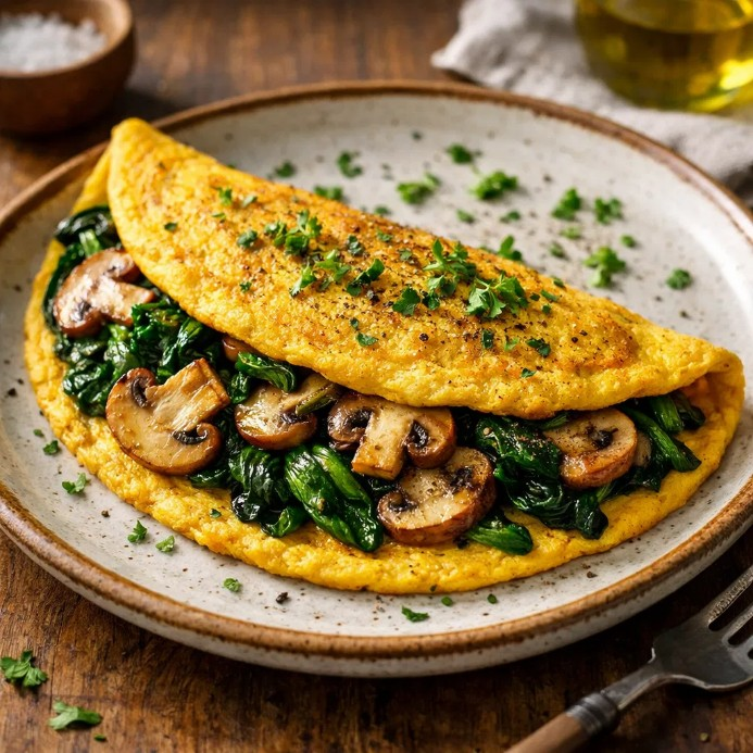 OMELETE DE GRÃO-DE-BICO COM ESPINAFRE E COGUMELOS
