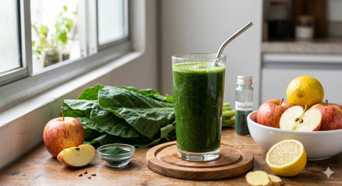 SUCO VERDE DETOX COM COUVE, MAÇÃ E SPIRULINA