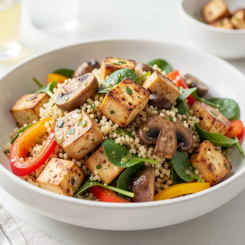 Salada Quente de Quinoa com Tofu e Cogumelos