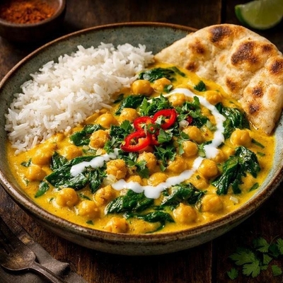 Curry de Grão-de-Bico com Leite de Coco e Espinafre