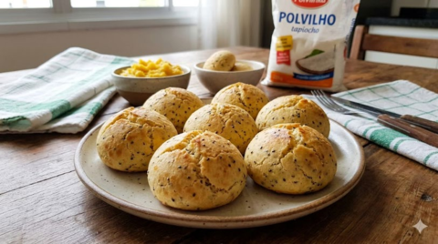 PÃO DE BEIJO (PÃO DE QUEIJO VEGANO) DE MANDIOQUINHA E CHIA