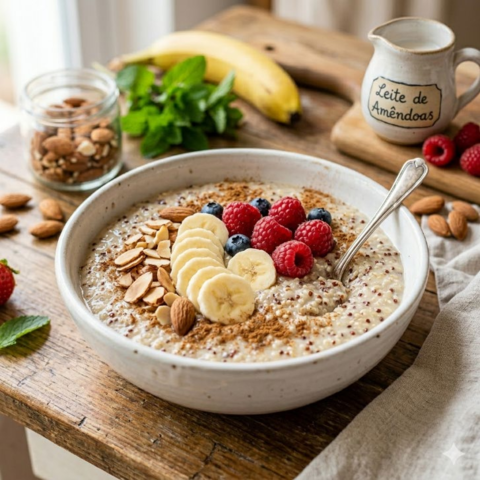 MINGAU DE QUINOA COM LEITE DE AMÊNDOAS E CANELA