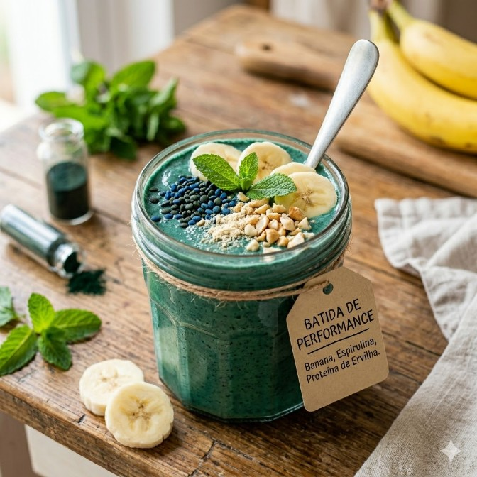 BATIDA DE PERFORMANCE: BANANA, ESPIRULINA E PROTEÍNA DE ERVILHA