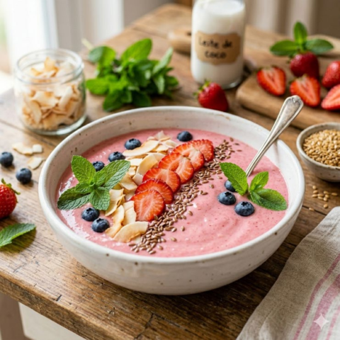 VITAMINA DE MORANGO COM LEITE DE COCO E LINHAÇA