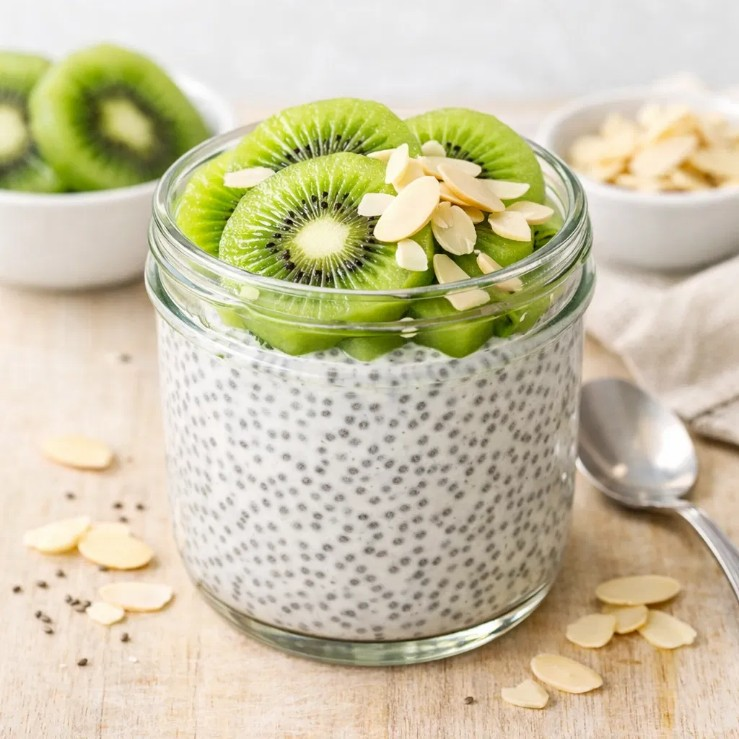 PUDIM DE CHIA COM LEITE DE AMÊNDOAS E KIWI